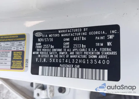 2017 Kia Optima Lx z USA, uszkodzony, nr VIN 5XXGT4L32HG135400